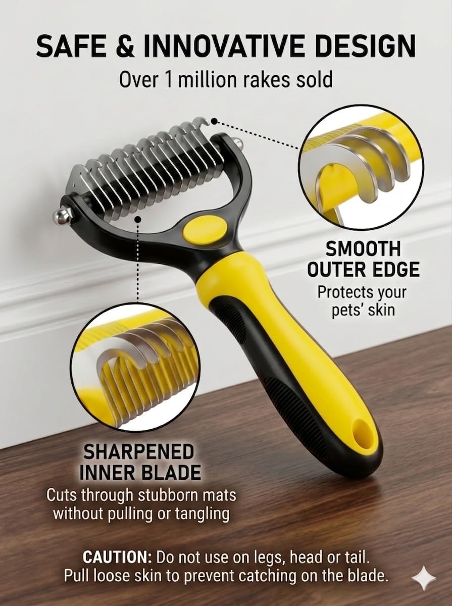 Dog Dematting Comb & Undercoat Rake Set for Dogs & Cats, 2-in-1 Double Sided Deshedding Brush, 17+9 Stainless Steel Teeth, Removes Mats, Tangles & Loose Undercoat, Grooming Tool for Long Thick Coats