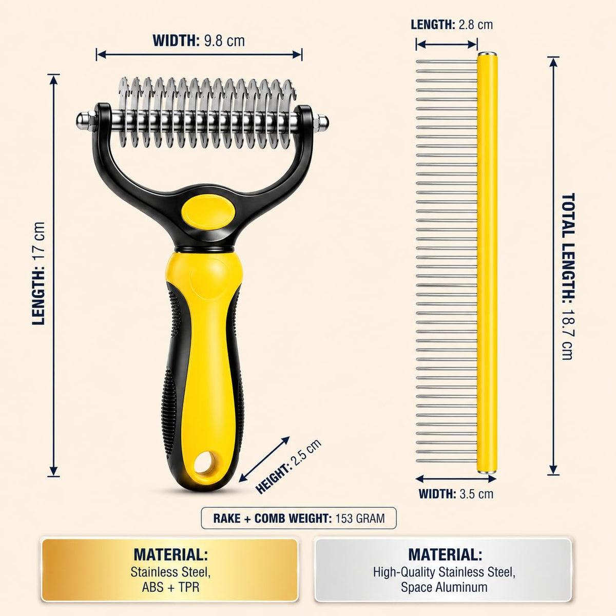 Dog Dematting Comb & Undercoat Rake Set for Dogs & Cats, 2-in-1 Double Sided Deshedding Brush, 17+9 Stainless Steel Teeth, Removes Mats, Tangles & Loose Undercoat, Grooming Tool for Long Thick Coats