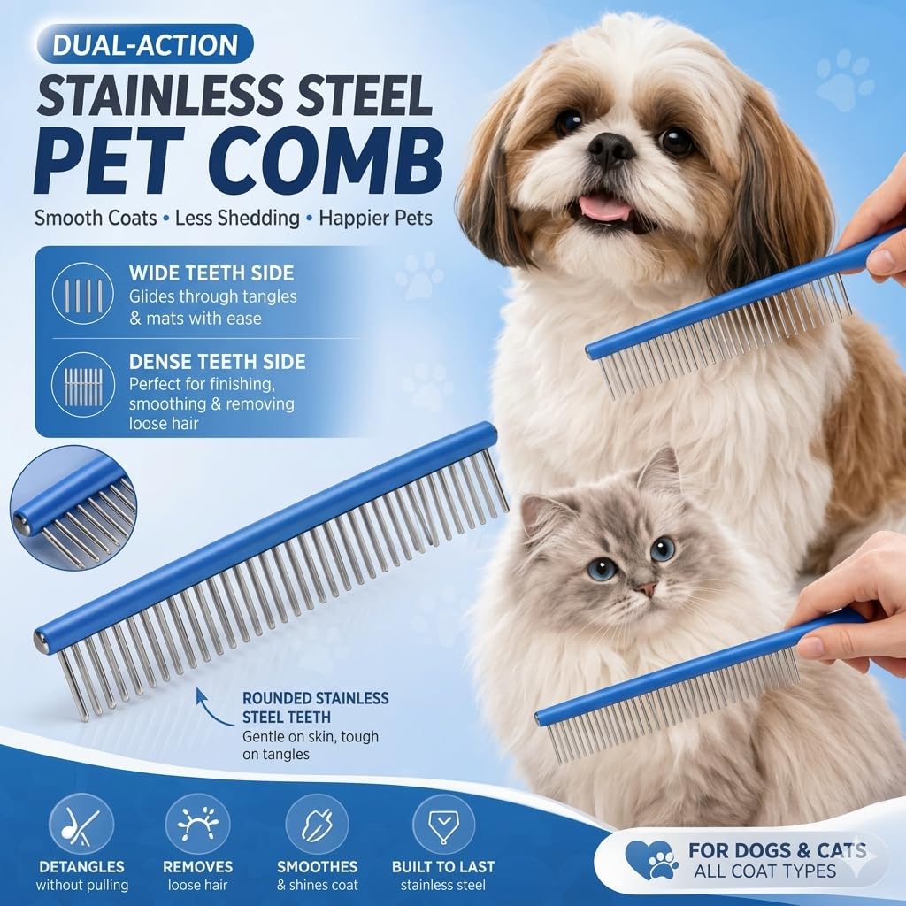 Dog Dematting Comb & Undercoat Rake Set for Dogs & Cats, 2-in-1 Double Sided Deshedding Brush, 17+9 Stainless Steel Teeth, Removes Mats, Tangles & Loose Undercoat, Grooming Tool for Long Thick Coats