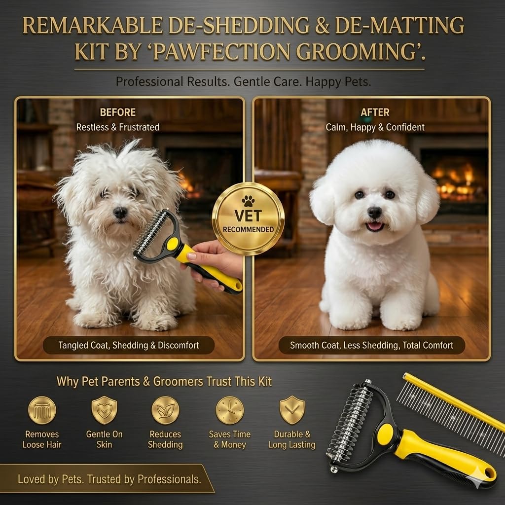 Dog Dematting Comb & Undercoat Rake Set for Dogs & Cats, 2-in-1 Double Sided Deshedding Brush, 17+9 Stainless Steel Teeth, Removes Mats, Tangles & Loose Undercoat, Grooming Tool for Long Thick Coats