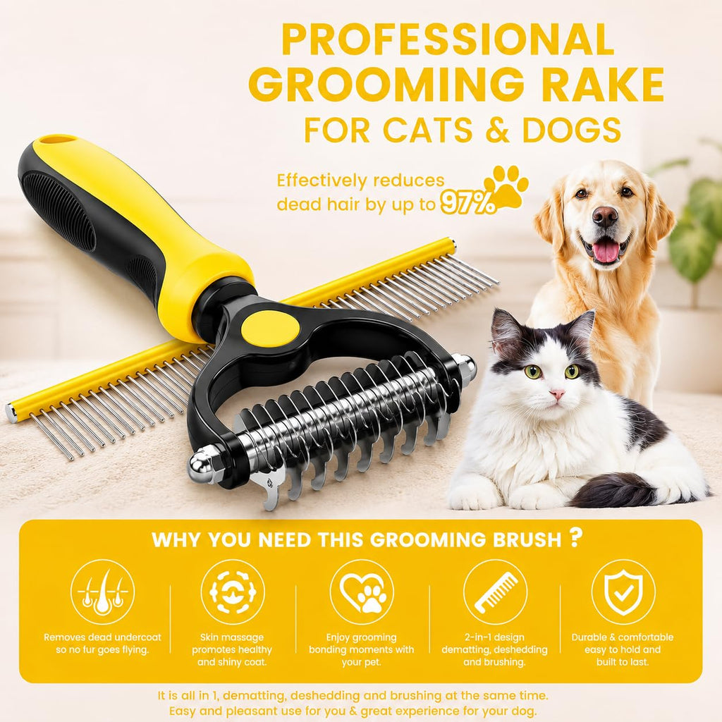 Dog Dematting Comb & Undercoat Rake Set for Dogs & Cats, 2-in-1 Double Sided Deshedding Brush, 17+9 Stainless Steel Teeth, Removes Mats, Tangles & Loose Undercoat, Grooming Tool for Long Thick Coats