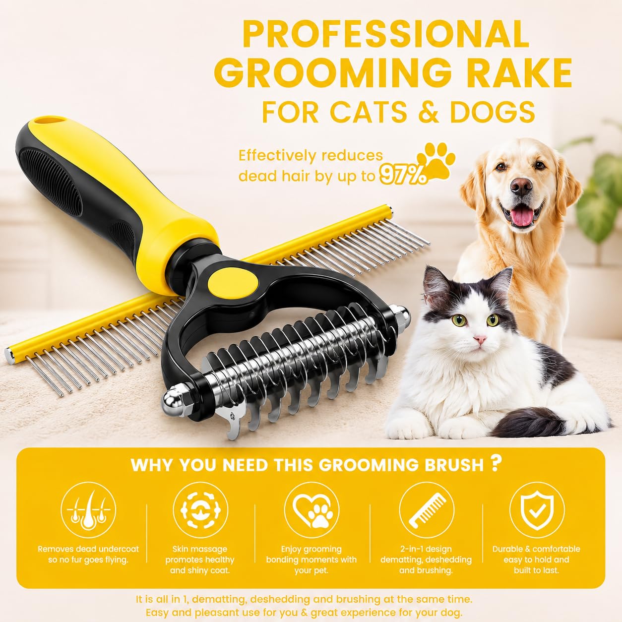 Dog Dematting Comb & Undercoat Rake Set for Dogs & Cats, 2-in-1 Double Sided Deshedding Brush, 17+9 Stainless Steel Teeth, Removes Mats, Tangles & Loose Undercoat, Grooming Tool for Long Thick Coats