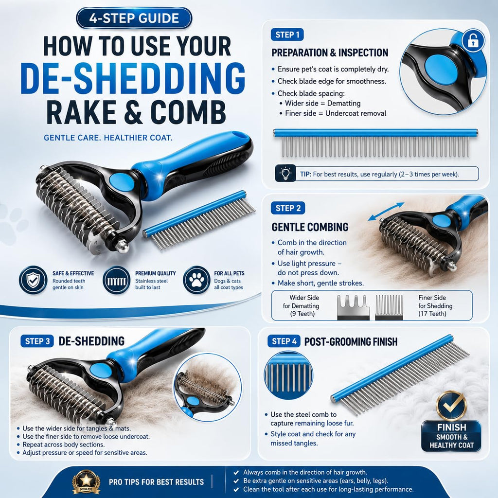 Dog Dematting Comb & Undercoat Rake Set for Dogs & Cats, 2-in-1 Double Sided Deshedding Brush, 17+9 Stainless Steel Teeth, Removes Mats, Tangles & Loose Undercoat, Grooming Tool for Long Thick Coats