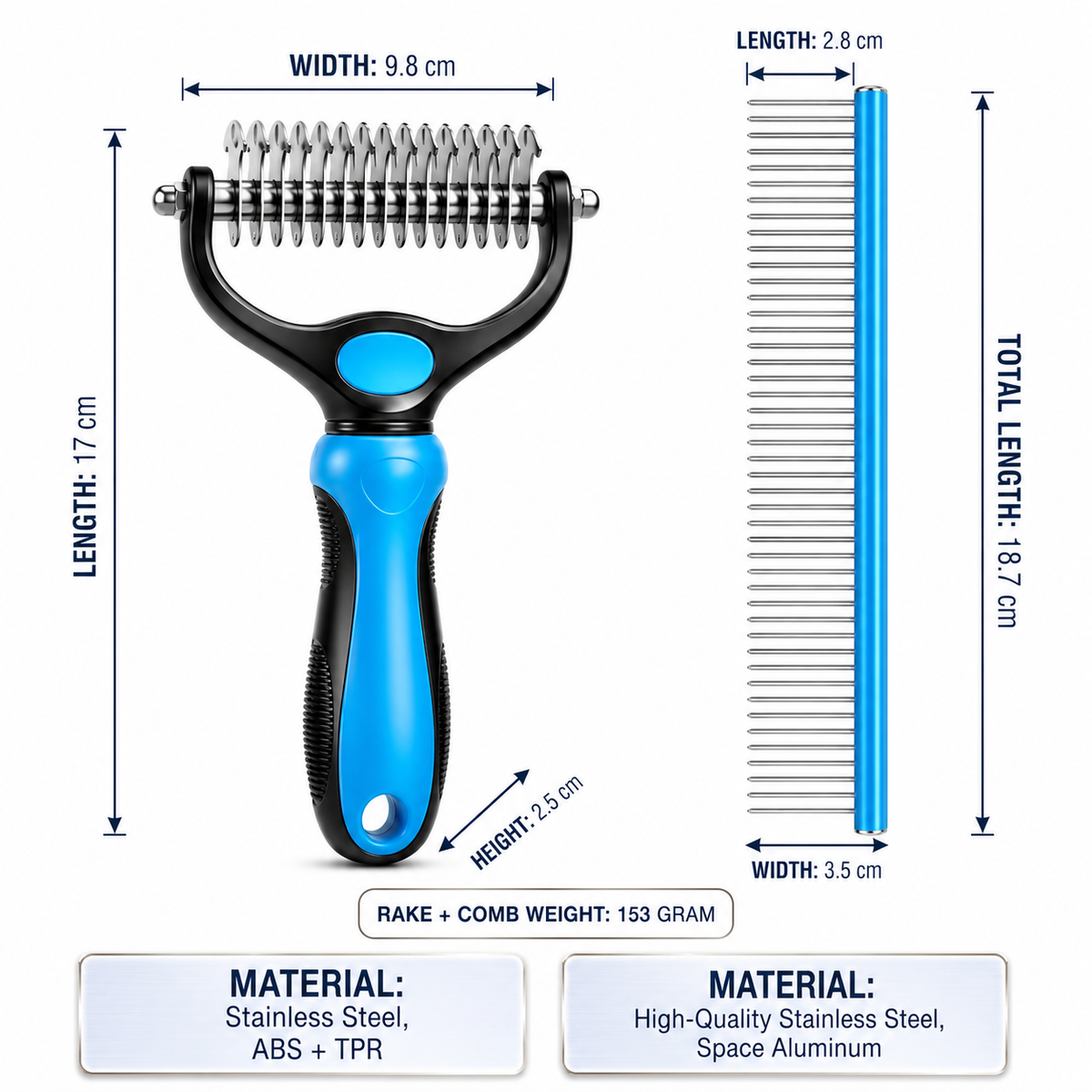 Dog Dematting Comb & Undercoat Rake Set for Dogs & Cats, 2-in-1 Double Sided Deshedding Brush, 17+9 Stainless Steel Teeth, Removes Mats, Tangles & Loose Undercoat, Grooming Tool for Long Thick Coats