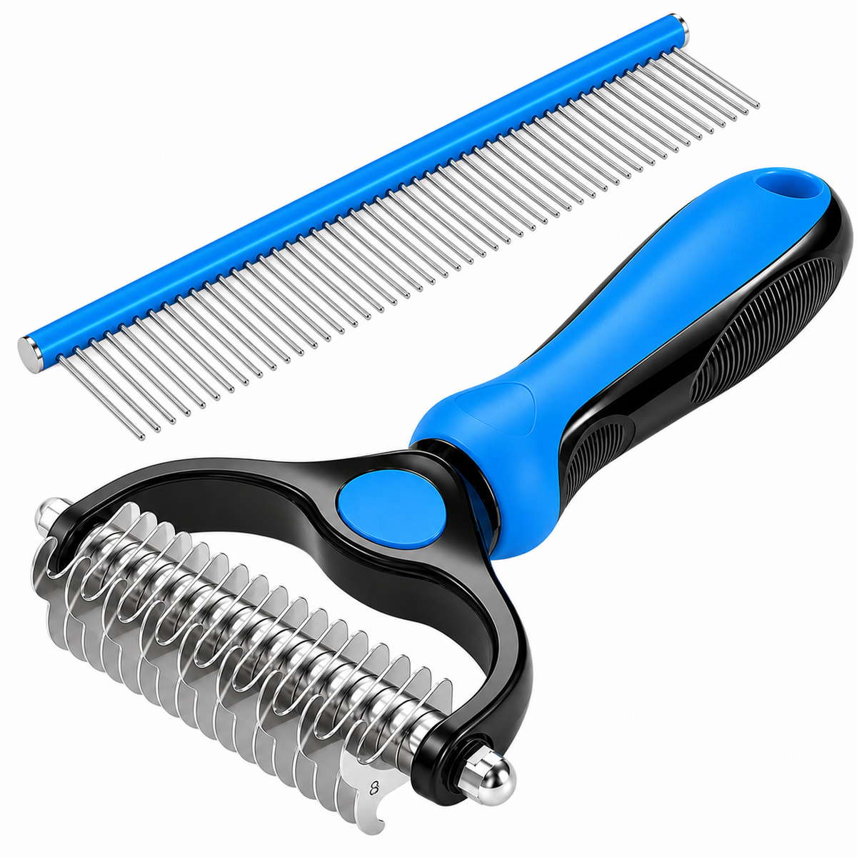 Dog Dematting Comb & Undercoat Rake Set for Dogs & Cats, 2-in-1 Double Sided Deshedding Brush, 17+9 Stainless Steel Teeth, Removes Mats, Tangles & Loose Undercoat, Grooming Tool for Long Thick Coats